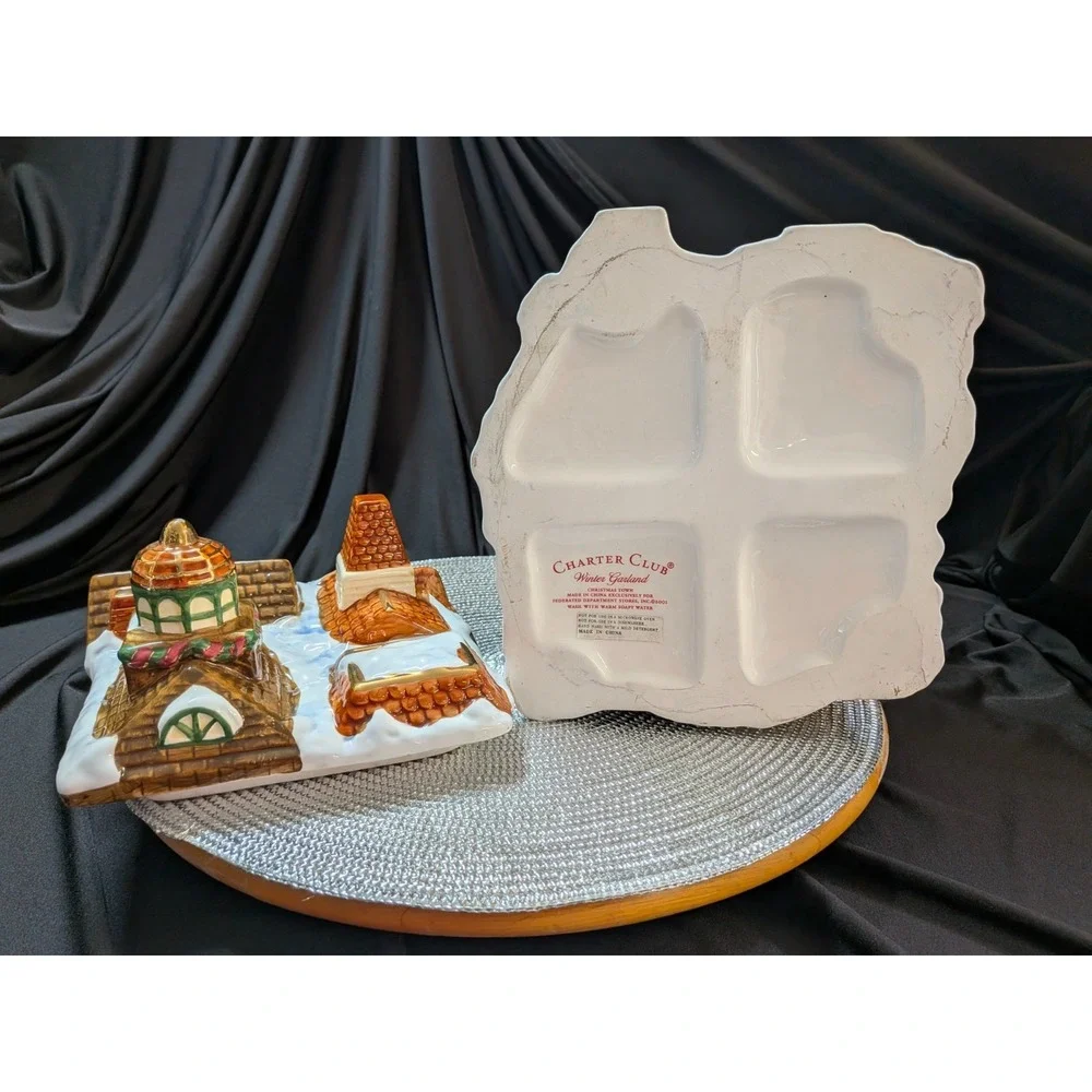 Vintage 2001 Charter Club Winter Garland Ceramic Cookie Jar Christmas Village